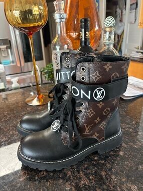Louis Vuitton Black and Brown Monogram Lace-Up Boots